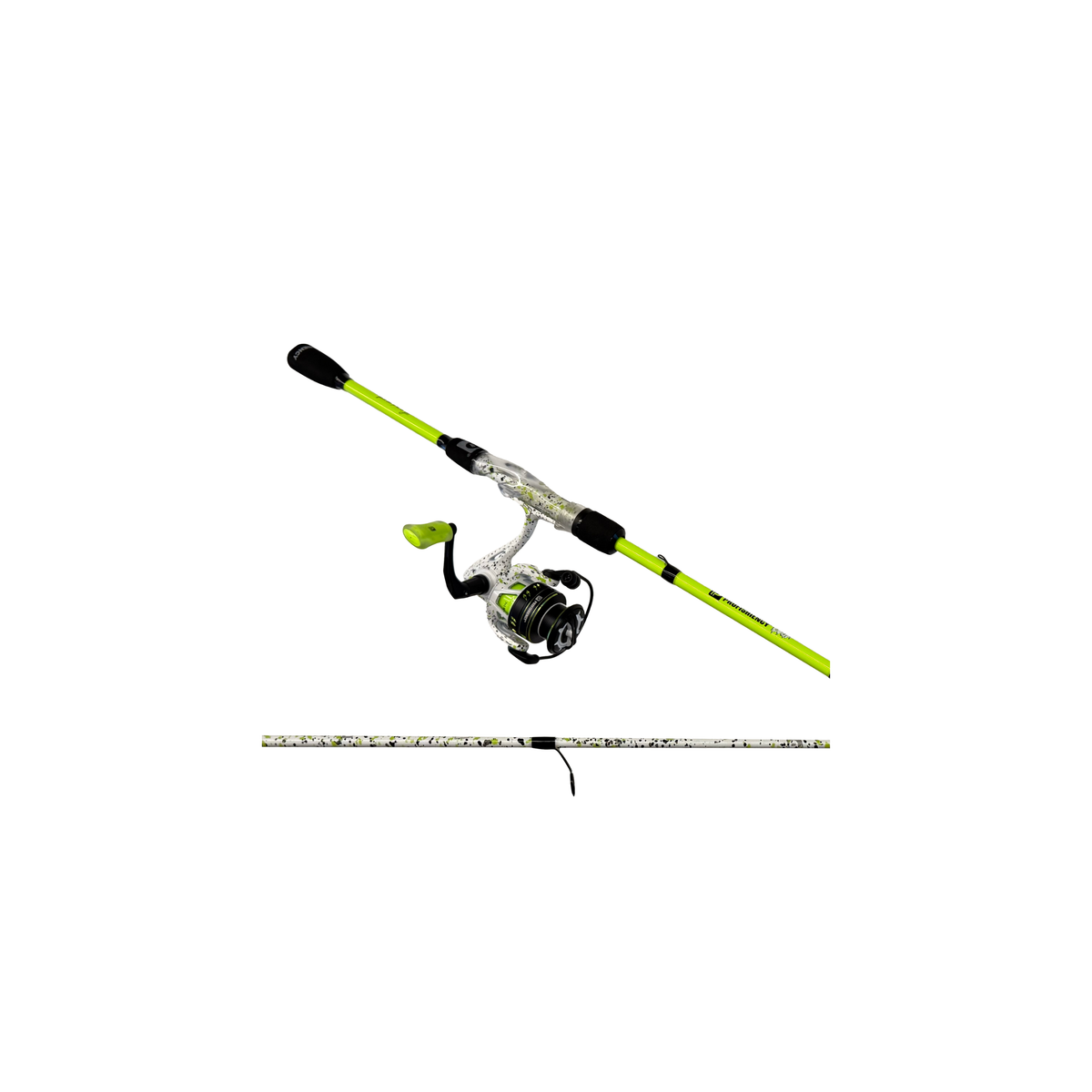 Neon green spinning rod and reel combo with camo handle; lower rod section shown below.