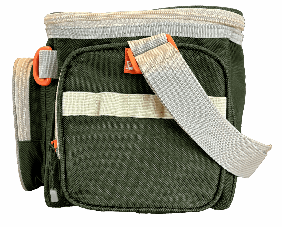 Front view of SOGO tackle bag with front zip pocket, adjustable cream shoulder strap, and olive green fabric