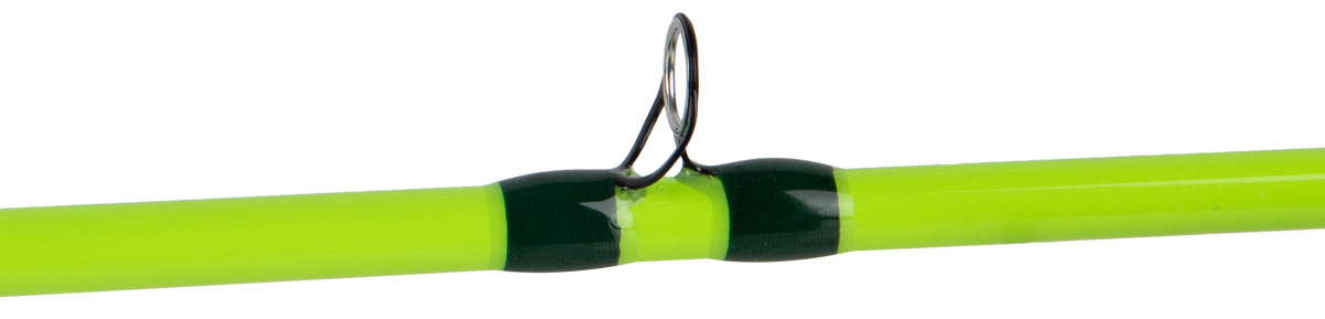 Close-up of neon chartreuse baitcasting rod blank showing metal guide, green thread wraps, and glossy epoxy finish