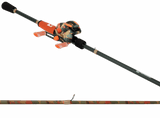Angled view of SOGO baitcast combo with camo rod, orange grips, split EVA handle and baitcasting reel on gray background