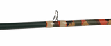 Close-up of Profishiency SOGO baitcast rod showing stainless steel line guide and patterned camo dipped rod wrap on gray background