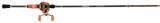 Side view of Profishiency SOGO baitcast combo, 7' MH camo-dipped rod with split-grip EVA handle and orange 100-size reel