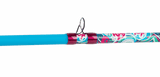Close-up of Profishiency Wild Child baitcast rod showing blue split grip, pink metallic reel seat and stainless steel guide