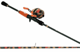 Angled view of Profishiency SOGO 6' two-piece spincast rod with 30-size camo reel, orange handles, and split EVA grip on gray background