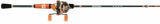 Side view of SOGO spincast rod and 30-size pre-spooled reel showcasing green camo dipped blank, orange split-grip EVA handles, and Profishiency logo