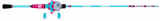 Side view of Profishiency Wild Child 6' two-piece spincast combo showing turquoise and pink rod, split-grip EVA handle, and matching reel