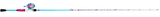 Side view of Profishiency Wild Child spincast combo: 6-foot two-piece rod with pink-and-blue reel on white background