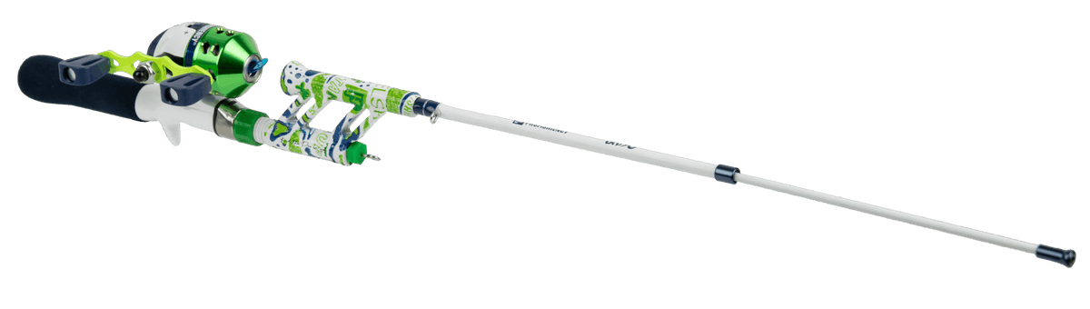 Compact green-and-white telescopic fishing rod with attached reel and patterned grip