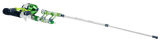 Compact green-and-white telescopic fishing rod with attached reel and patterned grip