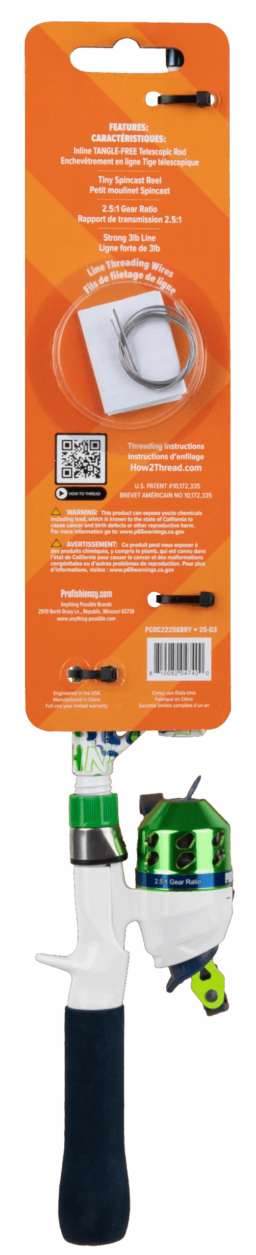 Green Tiny Micro TF SC pocket rod/reel on orange card showing: FEATURES; Tiny Spincast Reel; 2.5 Gear Ratio; How2Thread.com