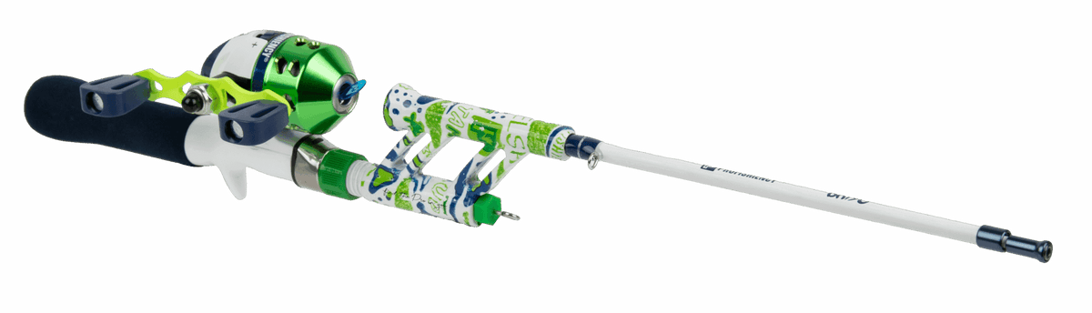 Angled side view of Profishiency Green Briyo Tiny Pocket Combo with extended telescopic rod and green spincast reel