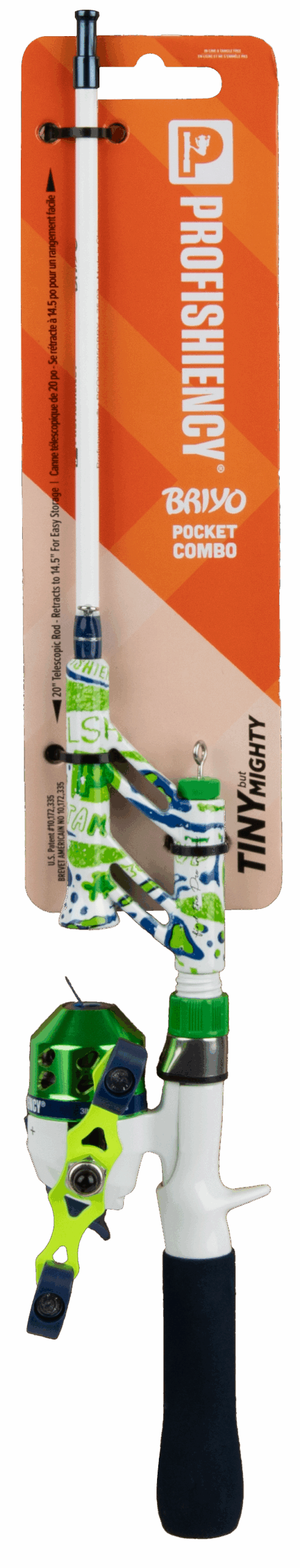 P PROFISHIENCY BRIYO POCKET COMBO fishing rod and reel, TINY MIGHTY green-white patterned handle