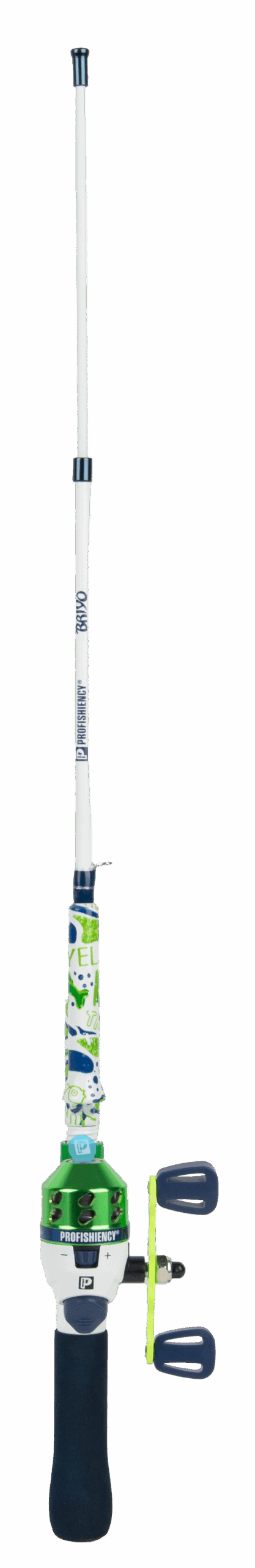 Compact green Briyo telescopic fishing rod with attached reel labeled PROFISHENCY