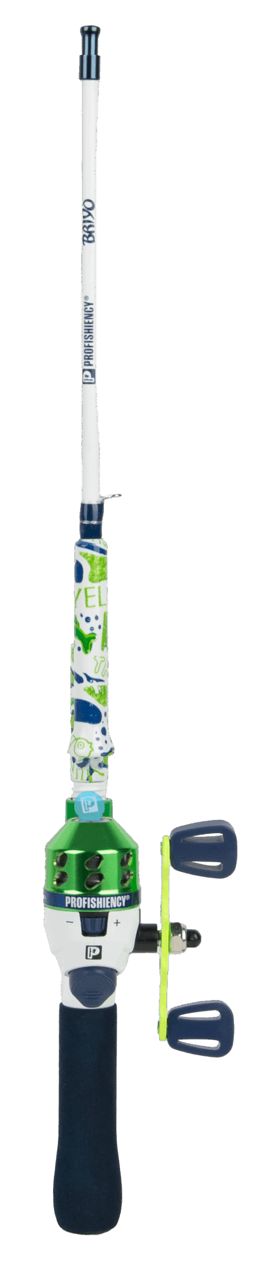 Green mini pocket fishing rod and reel with patterned sleeve; BRIYO on rod, PROFISHIENCY branding and 'P' logo