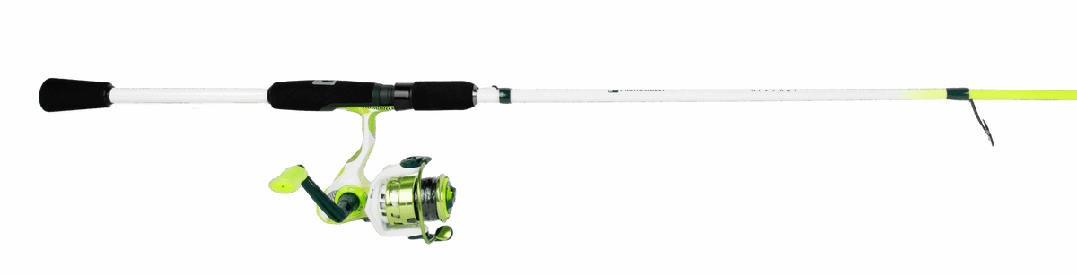 Side view of Profishiency Highkey spinning combo 6'6, showing lime-green spinning reel and split EVA grips on gray background
