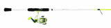 Side view of Profishiency Highkey spinning combo 6'6, showing lime-green spinning reel and split EVA grips on gray background