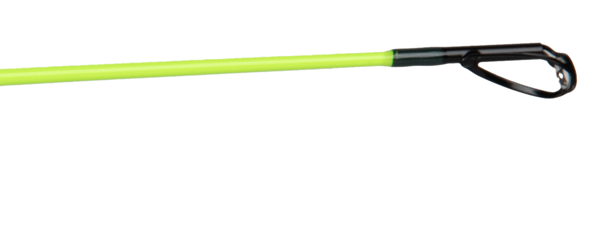 Close-up of Profishiency Highkey spinning rod tip showing neon chartreuse blank and black metal guide on white background