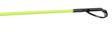 Close-up of Profishiency Highkey spinning rod tip showing neon chartreuse blank and black metal guide on white background