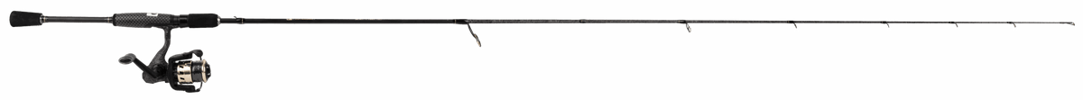 Side view of AlphaPup 6'6 spinning rod with attached reel, split EVA grip, stainless guides, and IM6 graphite blank on gray background