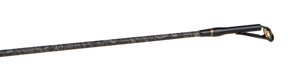 Close-up of Profishiency AlphaPup 6'6 spinning rod tip showing stainless-steel guide and patterned IM6 graphite blank on white background