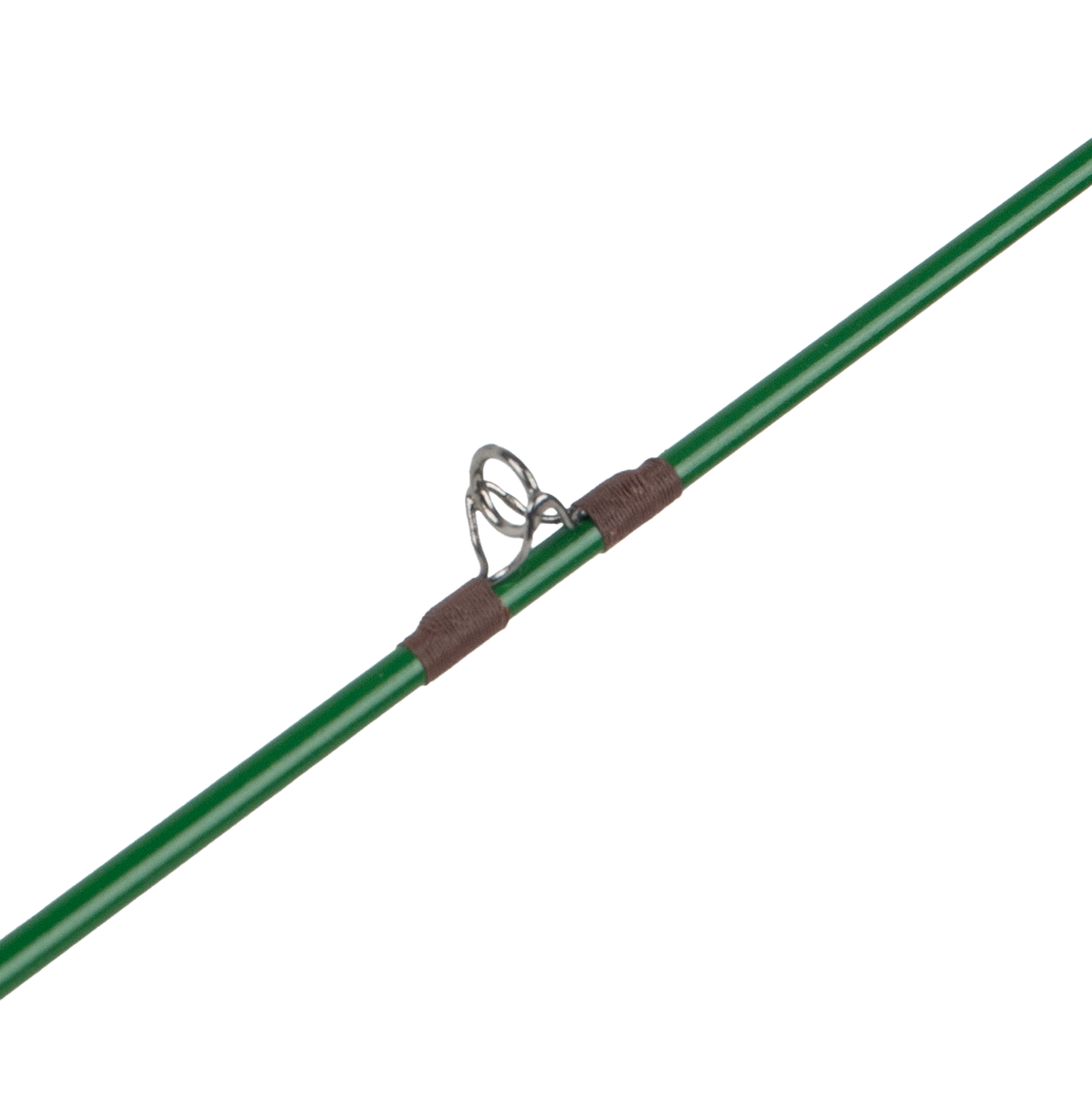 Green youth fishing rod section with metal guide rings and brown thread wraps