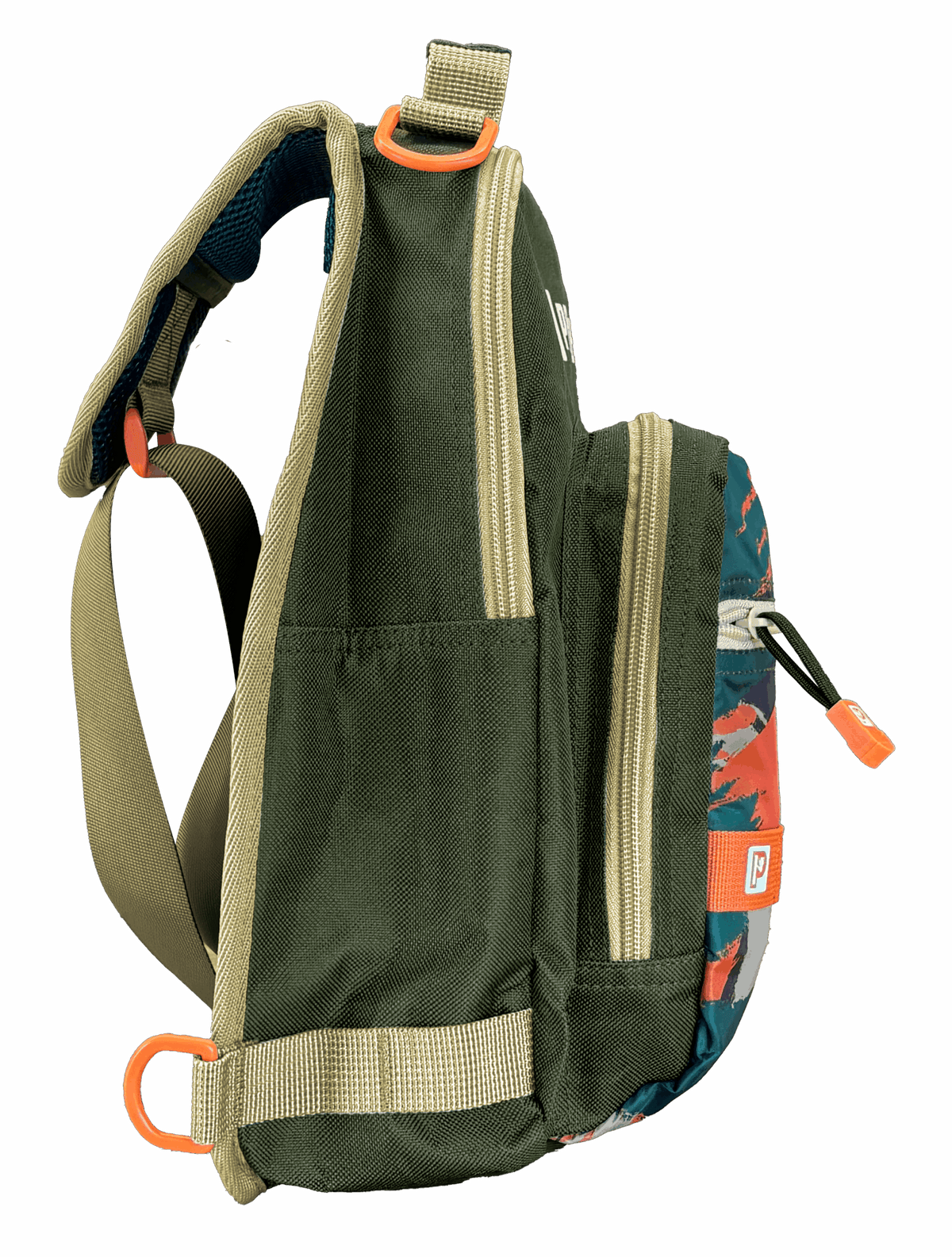 Side view of Profishiency SOGO sling bag with dual zip compartments, side pocket, padded adjustable strap, olive green and camo
