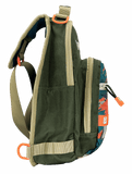 Side view of Profishiency SOGO sling bag with dual zip compartments, side pocket, padded adjustable strap, olive green and camo