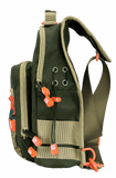 Side view of Profishiency SOGO Sling Bag showing olive green canvas, tan trim, orange zipper pulls and adjustable shoulder strap