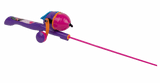 Angled view of Dora youth fishing pole with purple handle, pink spincast reel and long pink rod on gray background