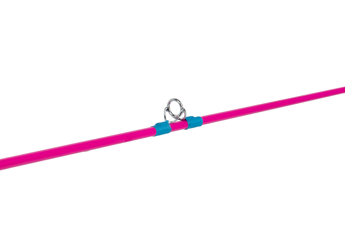 Close-up of Dora youth fishing pole showcasing metal line guide and blue thread wraps on a pink rod against a black background