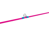 Close-up of Dora youth fishing pole showcasing metal line guide and blue thread wraps on a pink rod against a black background