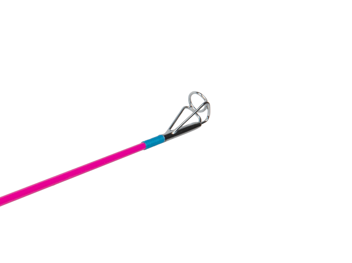 Close-up of Dora youth fishing pole tip showcasing metal guide ring and pink shaft on black background