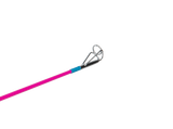 Close-up of Dora youth fishing pole tip showcasing metal guide ring and pink shaft on black background