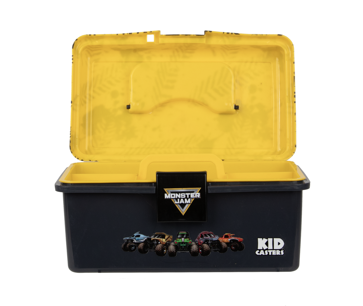 Front view of Monster Jam Play Box with lid open showing yellow removable tray, locking latch, and Kid Casters logo