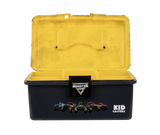 Front view of Monster Jam Play Box with lid open showing yellow removable tray, locking latch, and Kid Casters logo