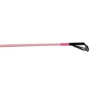 Close-up of Profishiency Blush 6'6 spinning rod tip showcasing pink rod blank and guide on black background