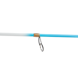 Close up of Profishiency Bruha spinning rod guide showing single foot guide and blue gradient blank on black background
