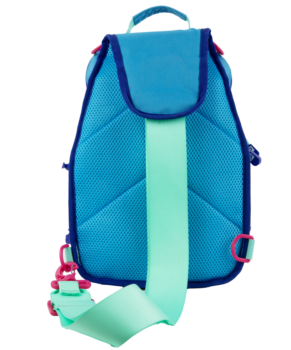 Rear view of Profishiency Wild Child sling bag showing padded turquoise mesh back, mint adjustable sling strap, and pink buckle hardware on white background