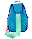 Rear view of Profishiency Wild Child sling bag showing padded turquoise mesh back, mint adjustable sling strap, and pink buckle hardware on white background