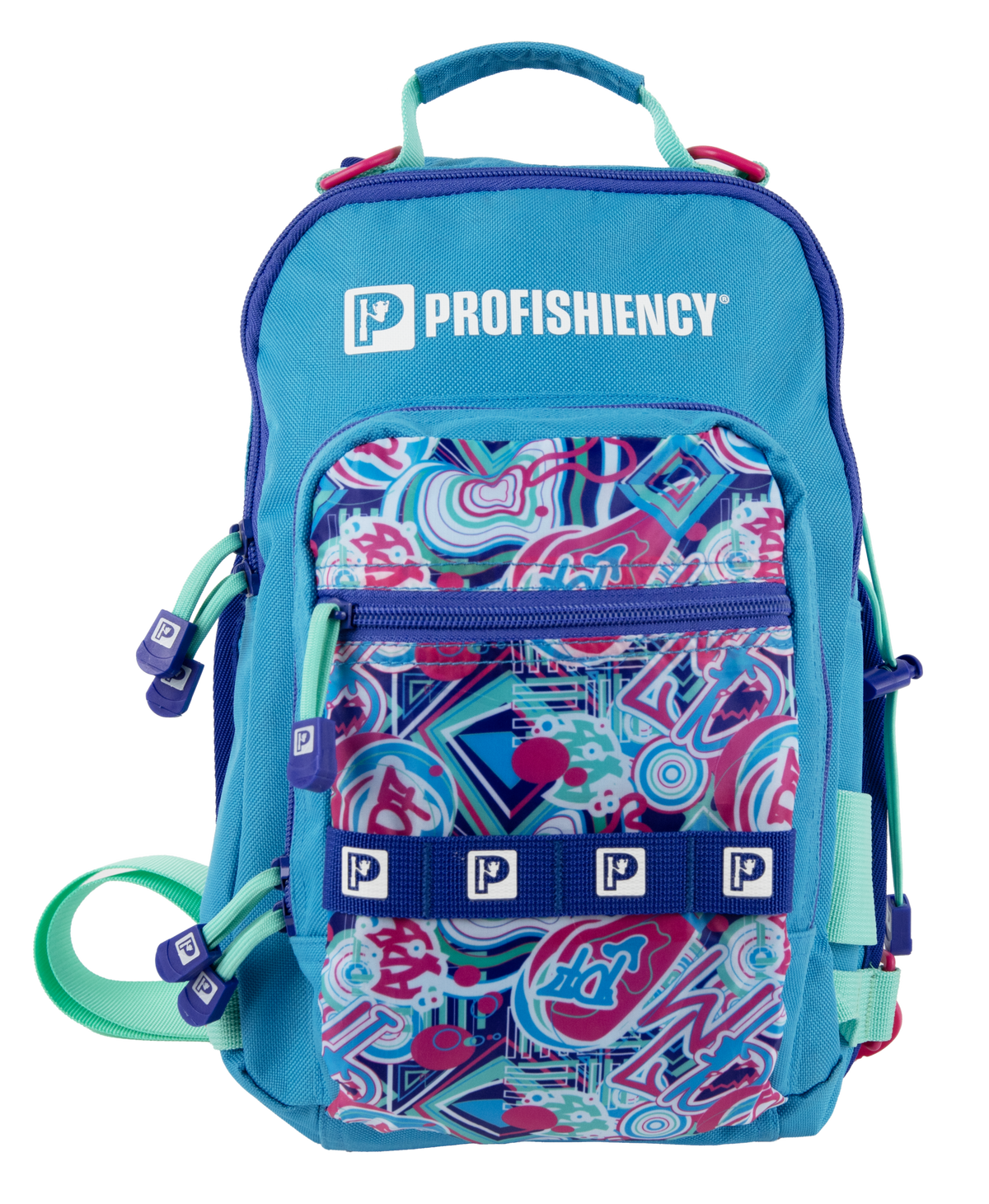 Front view of Profishiency Wild Child sling bag showcasing turquoise body and multicolor front pocket on white background