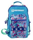 Front view of Profishiency Wild Child sling bag showcasing turquoise body and multicolor front pocket on white background