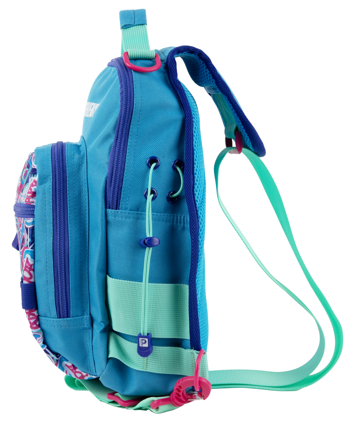 Side view of Wild Child sling bag showing adjustable teal strap, front zip pocket with patterned panel, bungee cord and pink clip on white