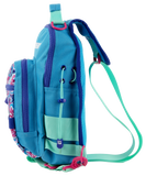 Side view of Wild Child sling bag showing adjustable teal strap, front zip pocket with patterned panel, bungee cord and pink clip on white