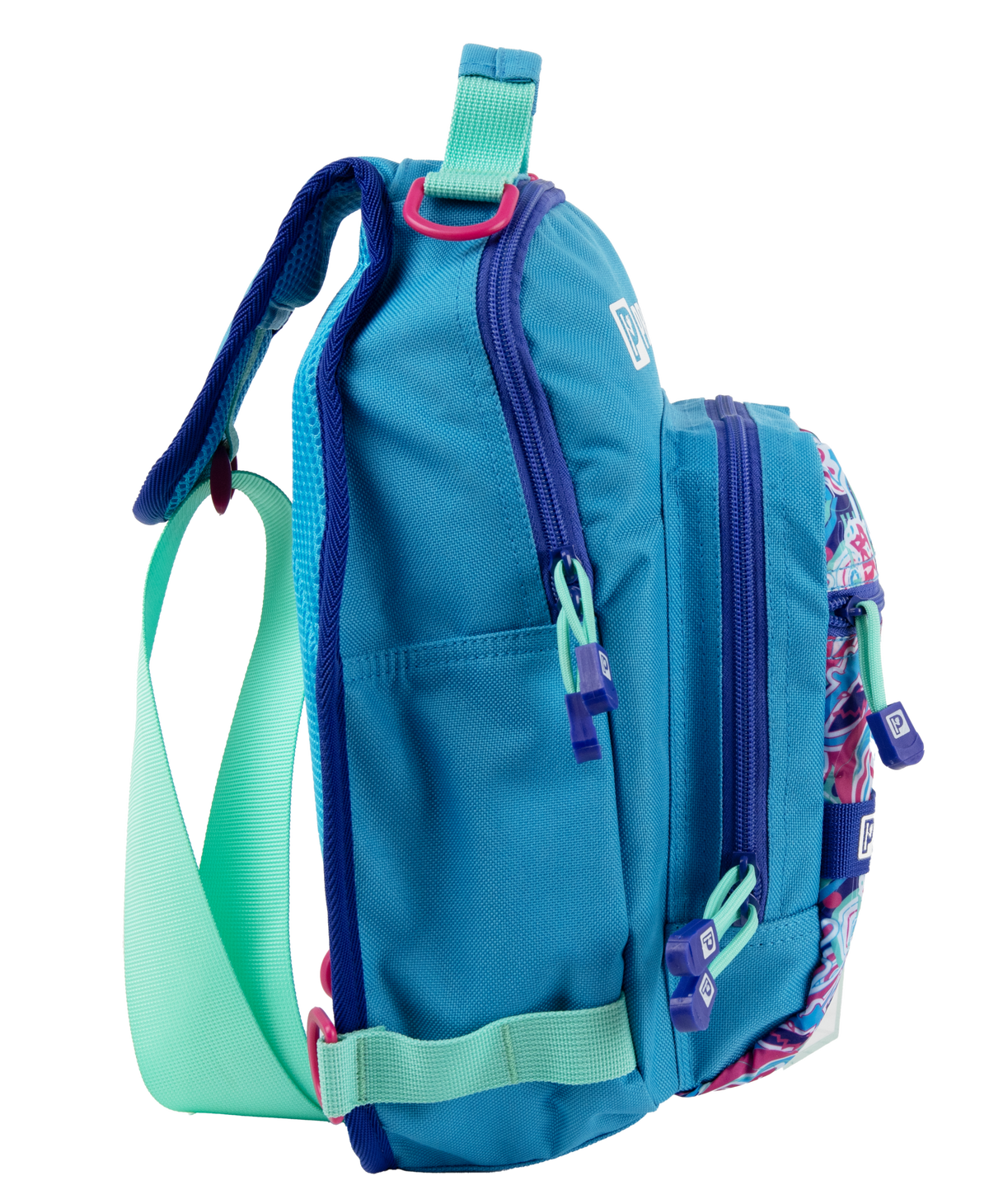 Side view of Profishiency Wild Child sling bag showing teal ripstop, adjustable mint strap, and zippered pockets