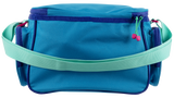 Rear view of Wild Child Tackle Bag showing teal body, mint adjustable shoulder strap, two side zip pockets and top zipper pulls