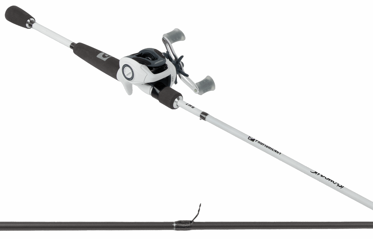 White Shadowcast baitcasting rod with matching low-profile baitcast reel and black foam grips