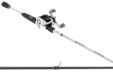 White Shadowcast baitcasting rod with matching low-profile baitcast reel and black foam grips