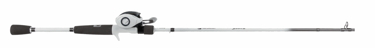 Shadowcast baitcasting rod and reel, side view showing handle, reel, line guides and tip on light gray background
