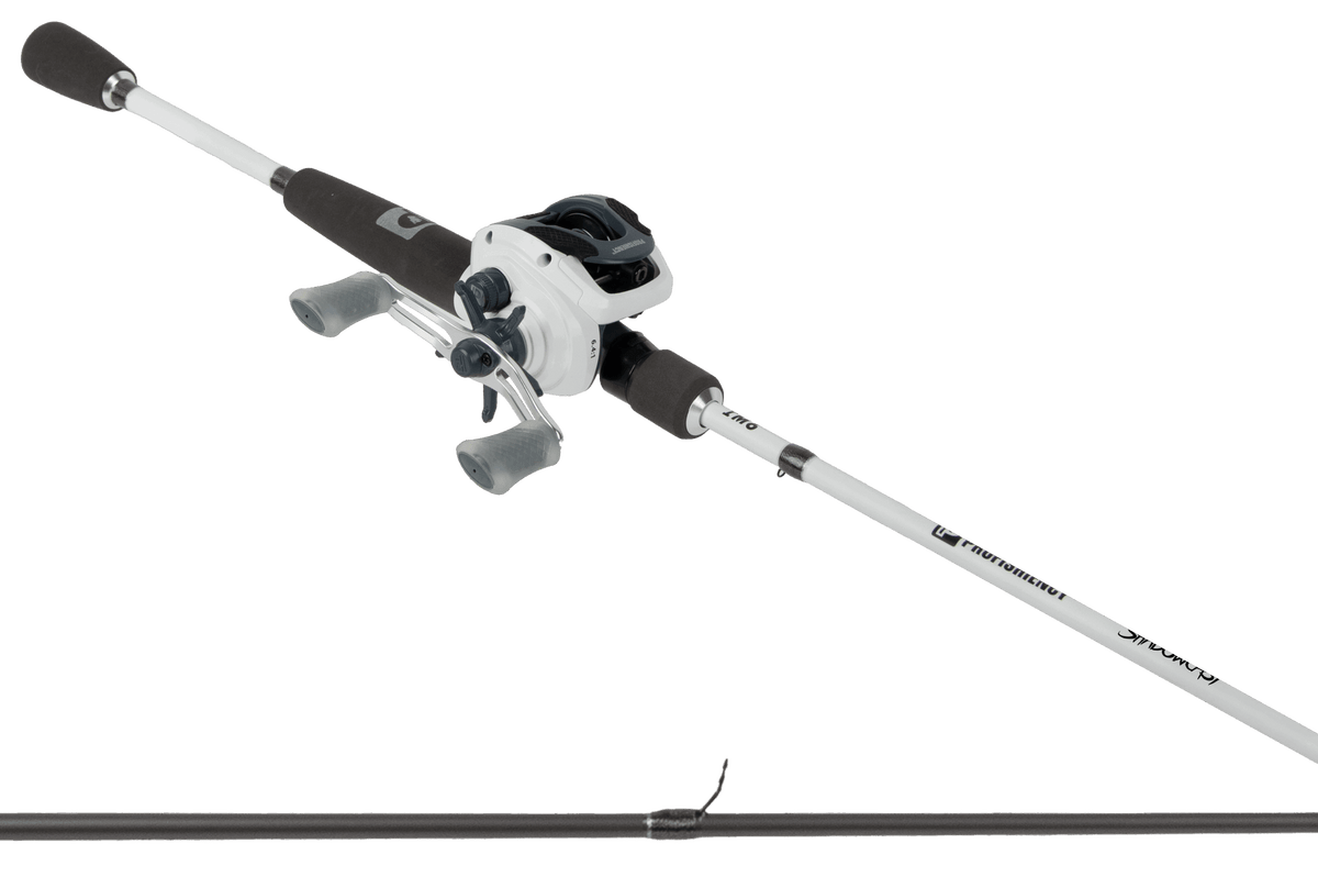 Angled view of Profishiency Shadowcast baitcast combo with right-hand white reel, dual handles, foam grips on white background