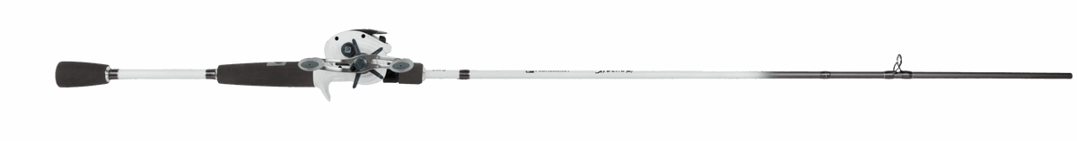 Side view of Profishiency Shadowcast baitcast rod and low-profile reel showcasing split EVA grips and stainless steel guides on transparent background
